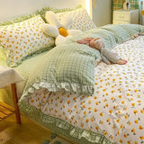 elvesmall Fashion Lattice Bedding Set Bed Sheet Cute Princess AB Double Sided Ruffle Flower Quilt Cover Pillowcase Bedclothes Home Textile