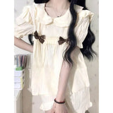 elvesmall Peter Pan Collar Sleepwear Women Pajamas Sets for Home Summer Korean Shorts Sleeve 2 Pieces Night Wears Bow Ruffle Home Suit New