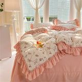elvesmall Fashion Flower Bedding Set Bed Sheet Cute Princess AB Double Sided Ruffle Flower Quilt Cover Pillowcase Bedclothes Home Textiles