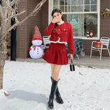 srczz  -  Sweet Hot Girl Christmas Suit Women's Autumn O-neck Long-sleeved Coat High Waisted A-line Skirt Two-piece Set Female Clothes