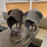 elvesmall Autumn Winter Cute Bear Ear Thermal Knitted Hat Women with Tape Ear Protection Beanie Hat Japanese Korean Versatile Skullies Hat