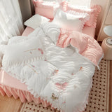 elvesmall  Princess Style Cotton Embroidery Bedding Set, Duvet Cover Sets with Bed Skirt, Fitted Sheet, Ruffles Decoration for Bedroom, 4Pc