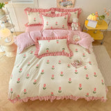 elvesmall Fashion Lattice Bedding Set Bed Sheet Cute Princess AB Double Sided Ruffle Flower Quilt Cover Pillowcase Bedclothes Home Textile