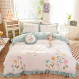 elvesmall  white pastoral style flowers Embroidered Ruffle Cotton Bedding Set Duvet Cover Bed Linen Fitted Sheet Pillowcases Home textiles