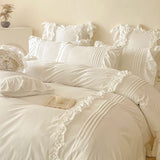 elvesmall Korean Princess Style Lace Ruffles Bedding Set Solid Color Duvet Cover Set Flat/Fitted Bed Sheet Pillowcases With Pillowcases
