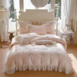 elvesmall  1200TC Egyptian Cotton Luxury Princess Wedding Bedding Set Flowers Embroidery Lace Ruffles Duvet Cover Set Bed Sheet Pillowcases