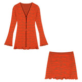 srczz  Y2k Orange Striped Suit Fungus Edge Long-sleeved Knitted Cardigan Women's  Autumn Short Skirt 2-piece Set