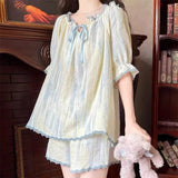 elvesmall  Tie Dye Women Pajamas Sets for Home Summer Print Sleepwear Shorts Sleeve Bow 2 Pieces Lace Night Wears Korean Home Suit New