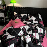 elvesmall Simple Plaid Style Duvet Cover with Pillowcases Flat Sheet Skin-friendly Quilt Cover Twin Bed Linens Adults Boys Bedding Sets