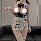 elvesmall   Porno Crotchless Lingerie Women Japanese Maid Cosplay Uniform Leather Anime Exposed Breast Outfit Roleplay Exposed Butt Babydoll