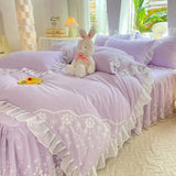elvesmall  Pink Lace Ruffle Bedding Set Luxury Bed Skirt Sheet Bedspread Korean Duvet Cover Girls Princess Bedspread Pillowcases