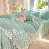 elvesmall  Pink Lace Ruffle Bedding Set Luxury Bed Skirt Sheet Bedspread Korean Duvet Cover Girls Princess Bedspread Pillowcases
