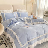 elvesmall  Korean Princess Bedding Set Washed Cotton Bed Cover Girl Heart Pure Color Lace Bow Quilt Coverflat Sheet Decor Home Textiles