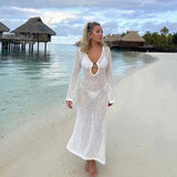 srczz Sexy Women Long Knit Beach Dress Hollow Out Deep V-Neck Long Sleeve Swimsuit Cover Up Beach Outfit Simwear  Holiday Dress