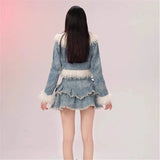 srczz  -  Sweet Hot Girl Suit Women's Autumn/winter Denim Patchwork Furry Short Coat A-line Skirt Two-piece Set Fashion Female Clothes