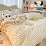 elvesmall Striped Bedding Sets Milk Velvet Winter Warm Four Piece Sets Thicken Bed Linen Quilt Cover Sheet Pillowcase King Bedroom Decor