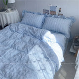 elvesmall  Quilt Cover INS Girl Blue Solid Color Seersucker Ruffles Lace Bedding Set Kawaii  Soft Sheet Woman Duvet Cover Pillow Covers