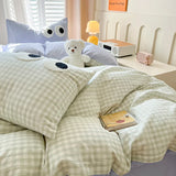 elvesmall INS Grid Duvet Cover Set with Bedsheet Pillowcase Lattice Stripe Quilt Cover Washed Cotton Beddings Adults Kids Bed Linens