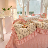 elvesmall Fashion Flower Bedding Set Bed Sheet Cute Princess AB Double Sided Ruffle Flower Quilt Cover Pillowcase Bedclothes Home Textiles