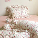 elvesmall Ins Girl Bedding Set Heart Cherry Duvet Set With Double Layer Yann Pink Four PIECE Set Simple Washing Cotton Bed Sheet Bed Sheet