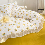 elvesmall French Golden Sunflower Floral Lace Seersucker Bedding Set Washed Cotton Four-piece Set Student Bed Sheet Three-piece Set