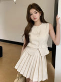 srczz Summer Pleated Mini Skirt Set Korean Preppy Style Sleeveless Jacket 2 Piece Suit Women Elegant Office Workwear Ladys Clothing