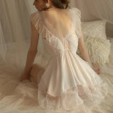 elvesmall  French Romantic Nightdress Women's Nightgown V-neck Chemise Sleepwear Lace Nightwear Soft Lingerie for Women