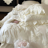 elvesmall  Princess Style 3D Flower Bedding Set 100 Thread Count Autumn and Winter Cotton Duvet Cover Solid White Quilt Covers with Ruffles