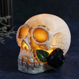 elvesmall  Halloween Luminous Resin Skull Head LED Terror Skull Decoration Prop Skeleton Head with Rose Flower Halloween Decoration