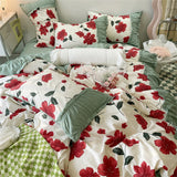 elvesmall Luxury Romantic Flower Bedding Set With Ruffles and Lace for Princess Girls and Women King Size Bed Duvet Sets Full Sheets Quilt