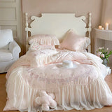 elvesmall  Pink Flowers Embroidery Bedding Sets Luxury Egyptian Cotton Chiffon Lace Duvet Cover Bed Sheet Pillowcases Princess Bedclothes