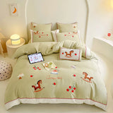 elvesmall -  Lucky Trojan Embroidered Bedding Set 100% Cotton Brushed Skin Friendly Duvet Cover Set with Bed Sheet High-end Blanket Cover Set