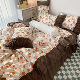 elvesmall Princess Style Pleated Lace Autumn and Winter Caramel Color Four-piece Bedding Set Quilt Cover Bed Sheet Bed Skirt Bed Sheet