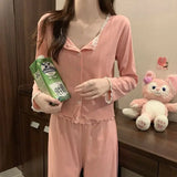 elvesmall  Lace Women Pajamas Set Autumn Sleepwear Long Sleeve Pants Suit Button Sets for Women 3 Pieces Ruffles Piiama Button Night Wears