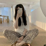 elvesmall  Leopard Pajamas Pants for Women Sleep Korean Style Sleepwear Summer Ankle Length Bottoms Home Elastic Waist Room Sleeping Wear