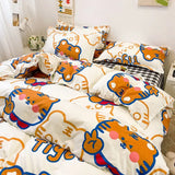 elvesmall  Cute Bear Bedding Set Girls Boys Kids Single Double Size Flat Sheet Duvet Cover Pillowcase Bed Linens White Blue Home Textile