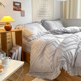 elvesmall  Soft Cotton Textured Duvet Cover Set with Tassel Fringe Boho Chic Bedding sets Twin Queen Comforter Cover Bed Sheet Pillowcases