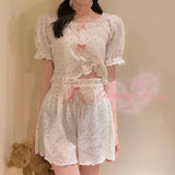 elvesmall  Floral Sleepwear Women Korean Reviews Many Pajama Set Summer Home Wear Bow Short Sleeve Pyjamas Two-piece Set Japanese Piiama