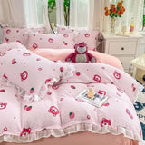 elvesmall French Golden Sunflower Floral Lace Seersucker Bedding Set Washed Cotton Four-piece Set Student Bed Sheet Three-piece Set