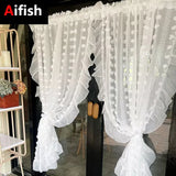 elvesmall  3D White Pompom Embroidery Tulle Modern Striped Sheer Curtains for Living Room Ruffle Design Translucent Voile Window Drapes
