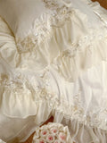 elvesmall Egyptian Cotton Wedding Bedding Set, Romantic French Lace Ruffles, Flowers Embroidery, Duvet Cover, Bed Sheet, Pillowcases