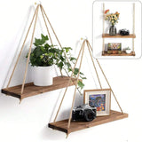 elvesmall 1PC Wooden Swing Hanging Hemp Rope Wall Shelve Mounted Floating Home Living Room Plant Flower Pot Tray Storage Garden Decoration