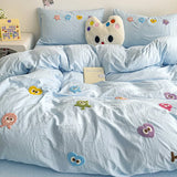 elvesmall 3pcs Kawaii Little Solid Color Monster Bedding Set Korean Washed Cotton Pillowcase Twin Full Duvet Cover No Filling Home Decora
