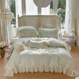 elvesmall Egyptian Cotton Wedding Bedding Set, Romantic French Lace Ruffles, Flowers Embroidery, Duvet Cover, Bed Sheet, Pillowcases
