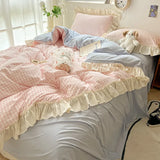 elvesmall Ruffled Pink Blue Duvet Cover Set Twin Queen Washed Microfiber Ultra Soft Bedding set Grid Duvet Cover Bed Sheet 2 Pillowcases
