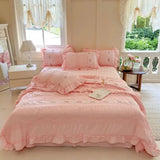 elvesmall Pink Ruffle Comforter Bed Sheet Pillowcases Queen Size Lightweight Fluffy Farmhouse White Ruffle Bedding Set Soft Microfiber