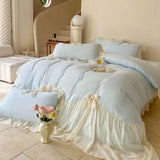 elvesmall Chic Ruffle Lace Edge Sweet Princess Style Nature Soft Skin Friendly 4pcs Bedding set Bed Sheet Pillowcases Twin Queen King