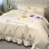 elvesmall Flower Embroidery Lace Ruffles Bedding Set Skin-friendly Washed Cotton Princess Style Wedding Duvet Cover Bed Sheet Pillowcases