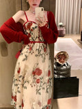 KYLTHOMASW  -  Sweet Hot Girl Suit Women's Autumn Red Long-sleeved Cardigan Embroidery Floral Strap Dress Two-piece Set Fashion Female Clothes