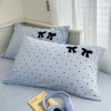 elvesmall Ins Style Girl Blue 1.5m/1.8m Fitted Sheet Bow Towel Bedding Set Embroidery Washed Cotton Four-piece Set Bed Sheet Three-piece